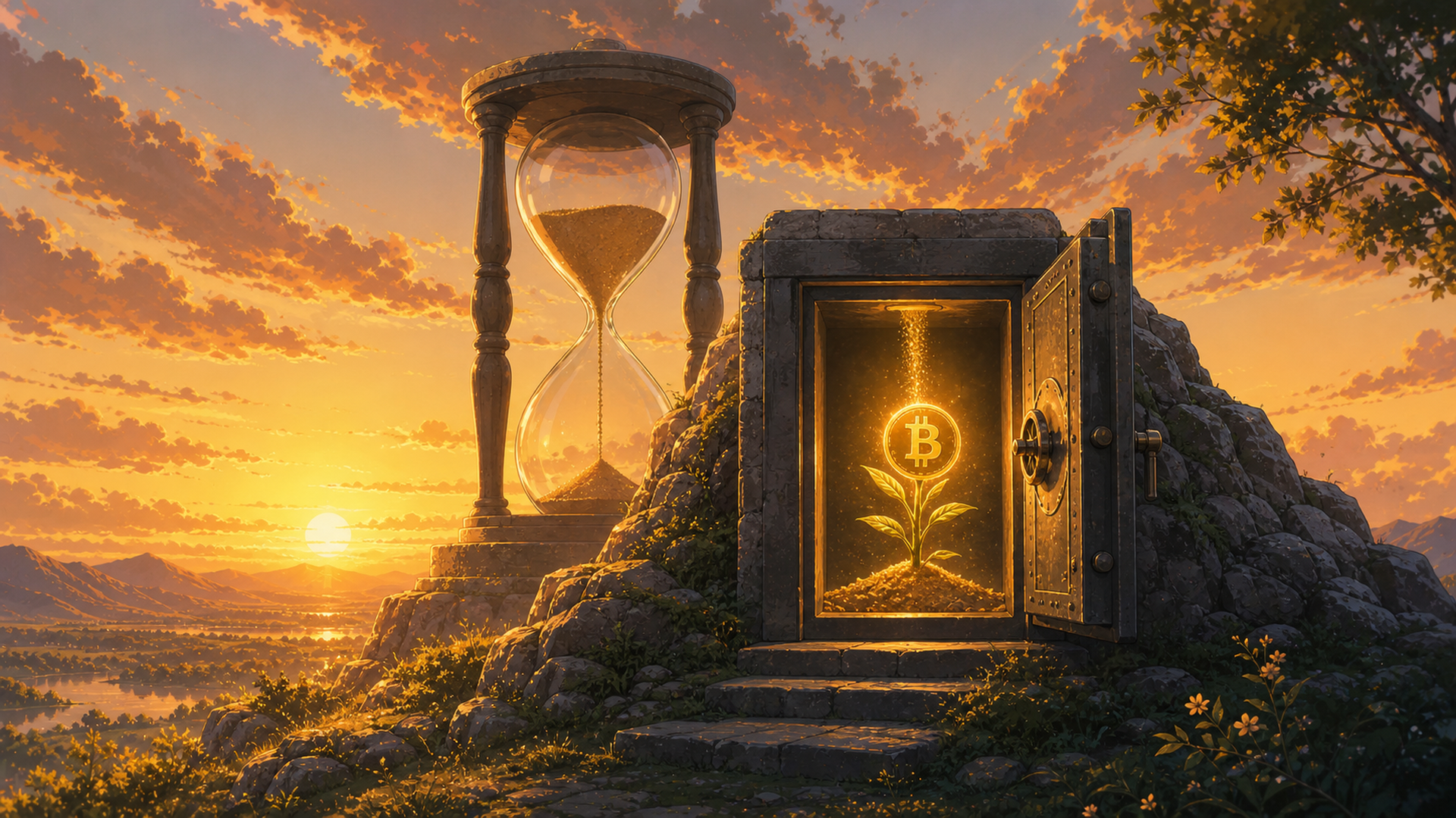 Glowing Bitcoin seedling inside a stone safe beneath an hourglass at sunrise