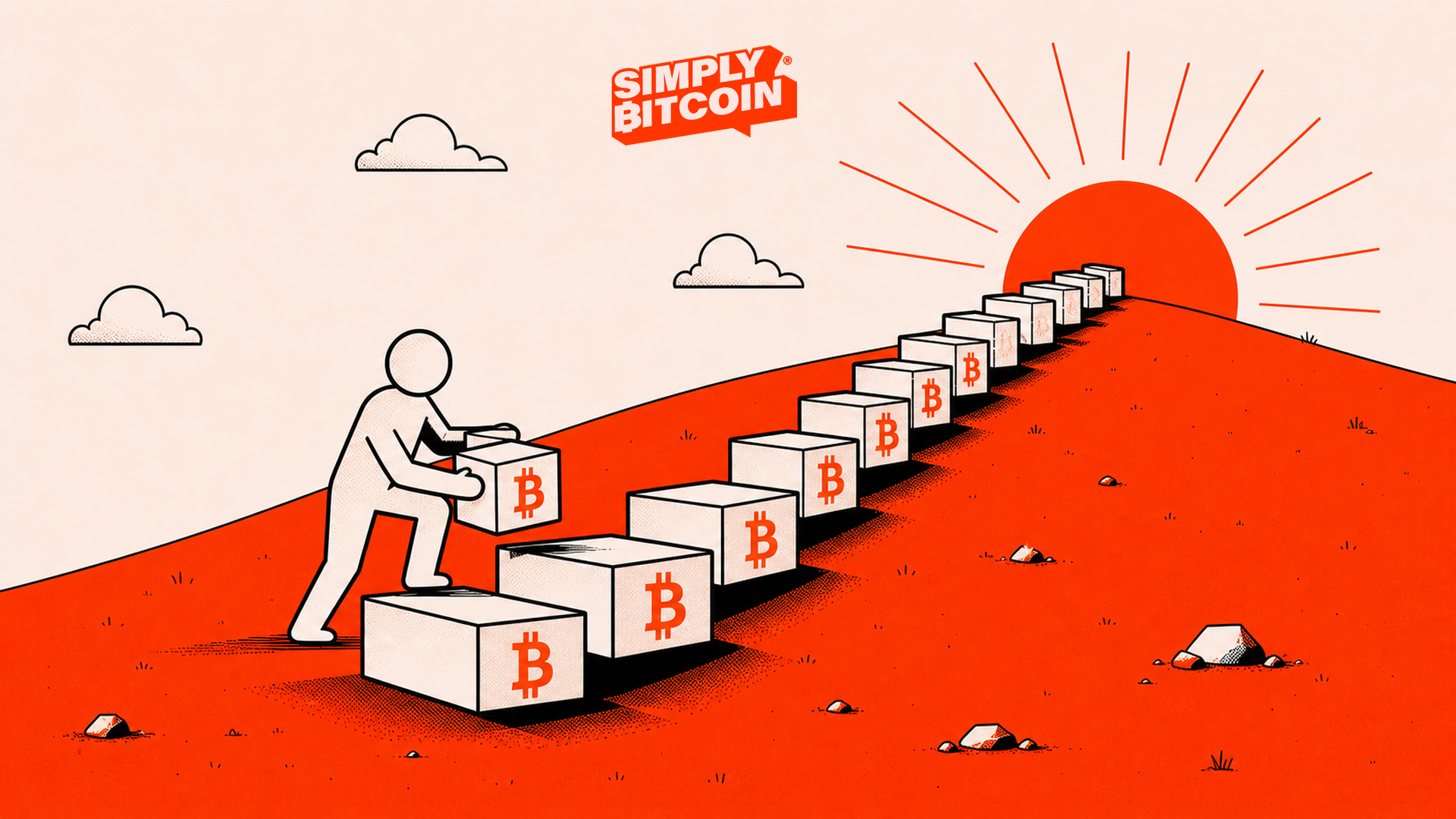 Person stacking Bitcoin blocks into a staircase rising toward sunrise