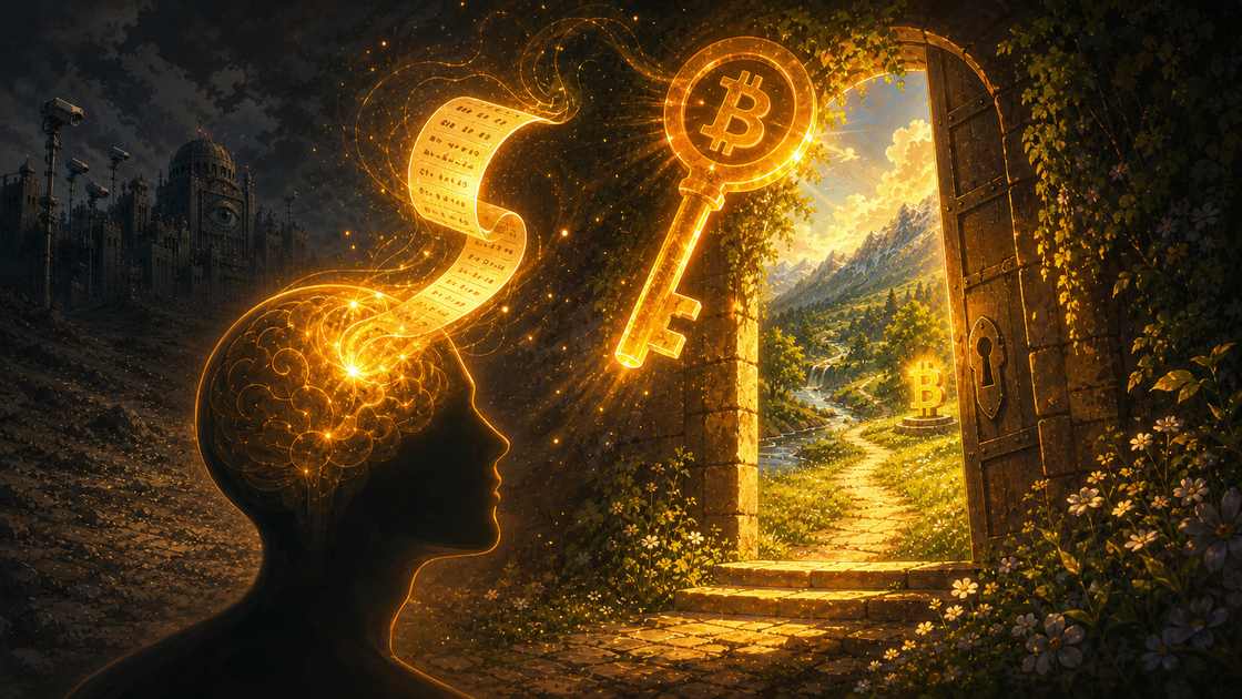 Glowing seed phrase becoming a Bitcoin key at a sovereign doorway