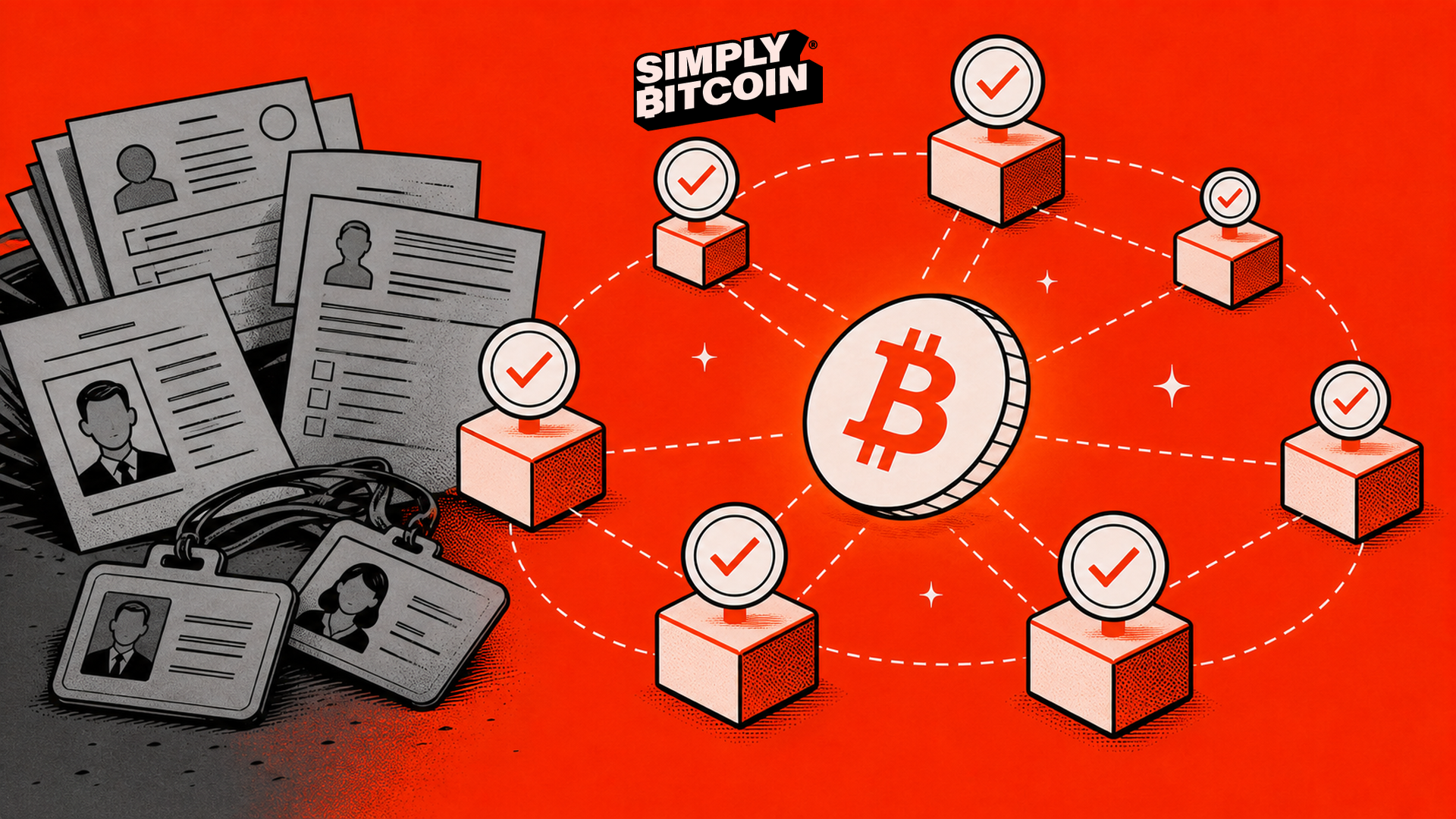 Bitcoin node constellation verifying transactions while identity forms recede