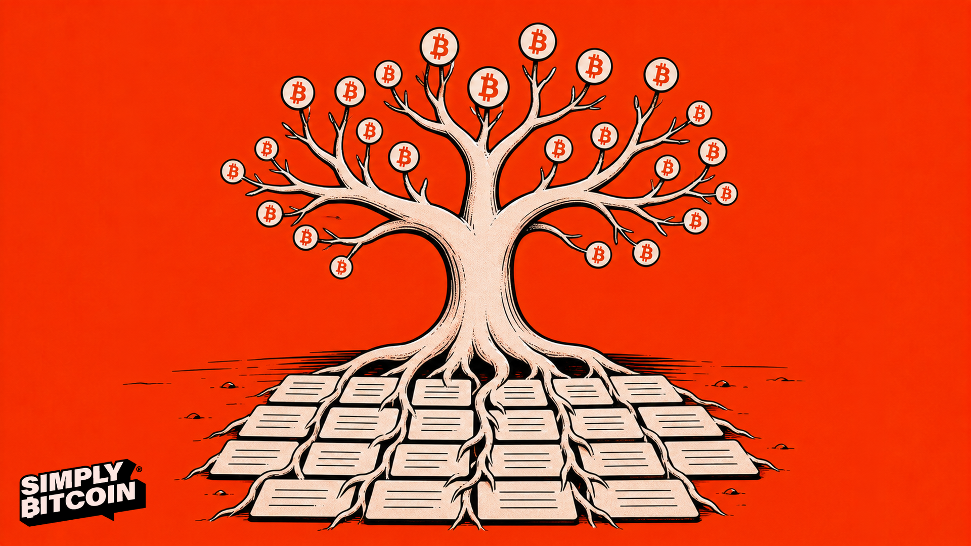 Family tree rooted in seed phrase cards with Bitcoin branches
