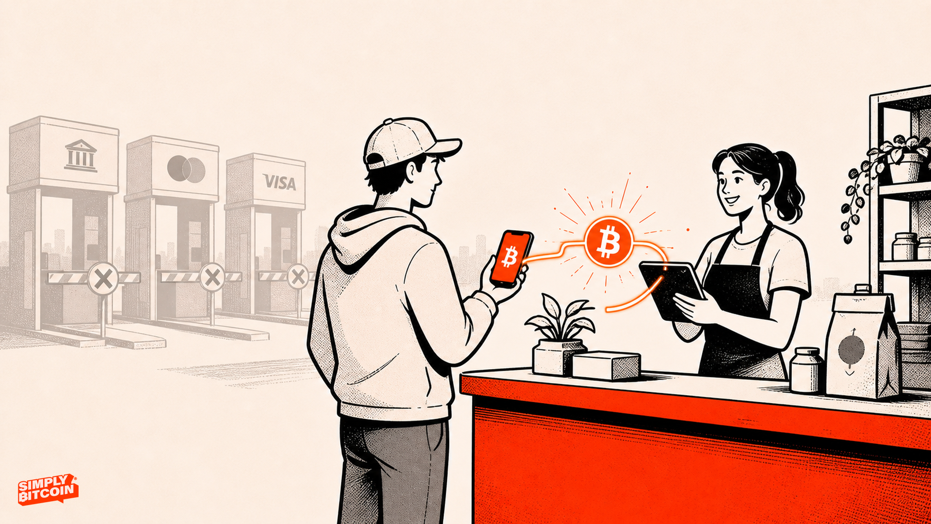 Customer and merchant connected directly by a Bitcoin payment rail