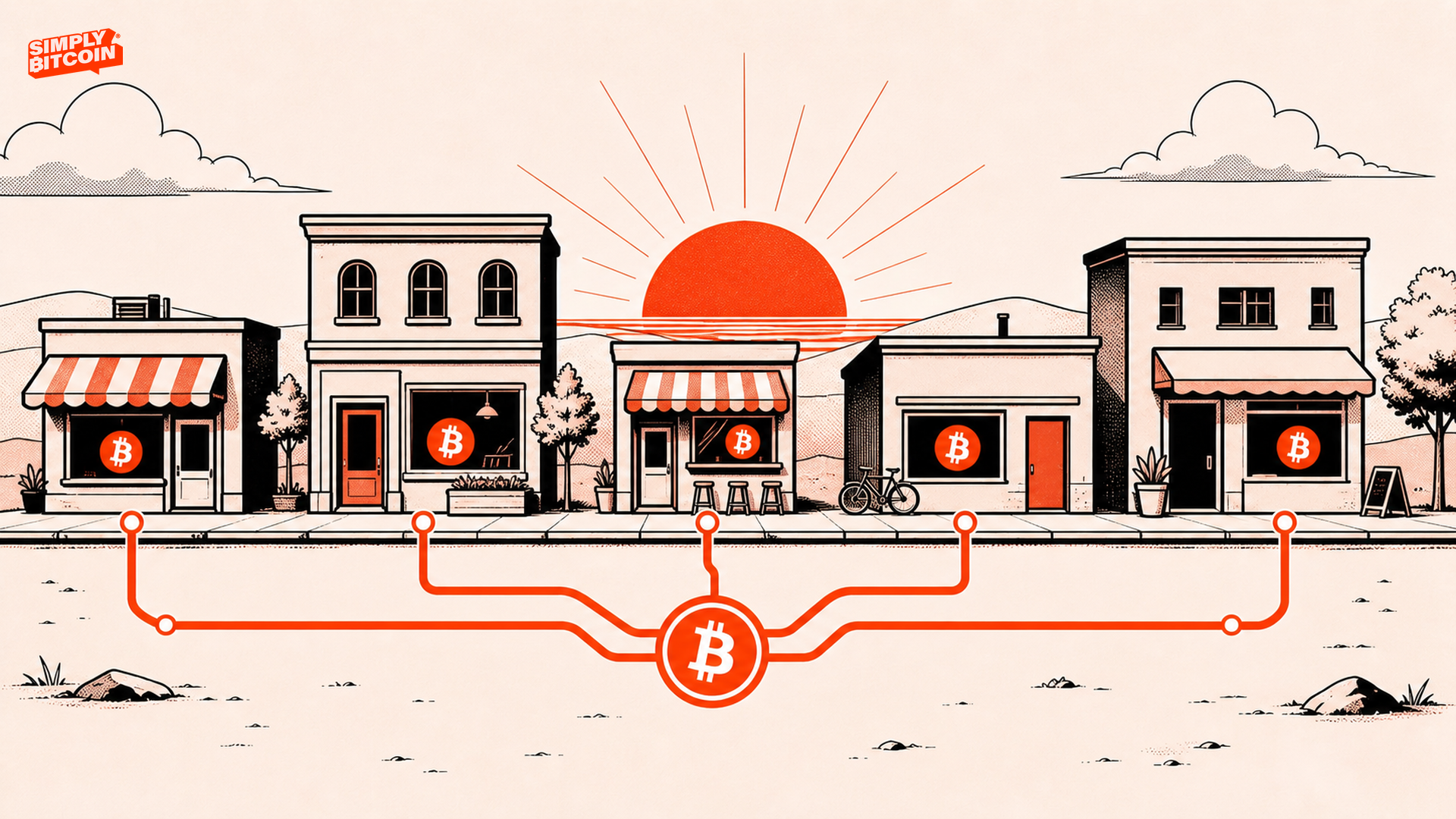 Bitcoin rails connecting small businesses on a main street