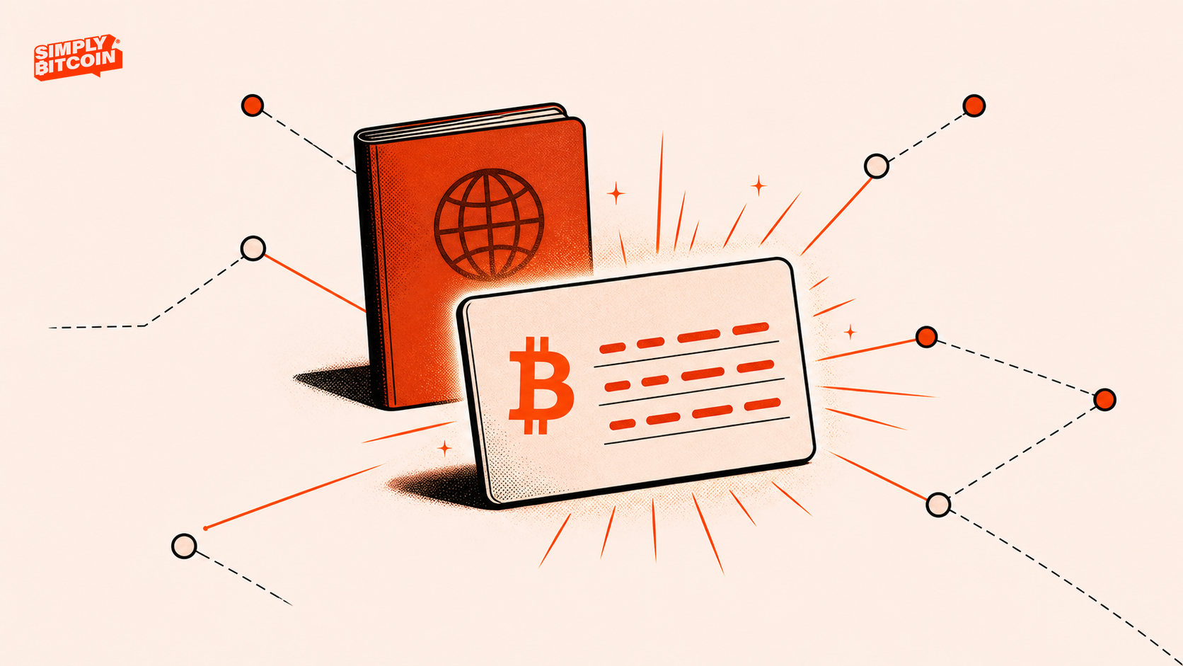 A glowing Bitcoin seed card stands in front of a passport