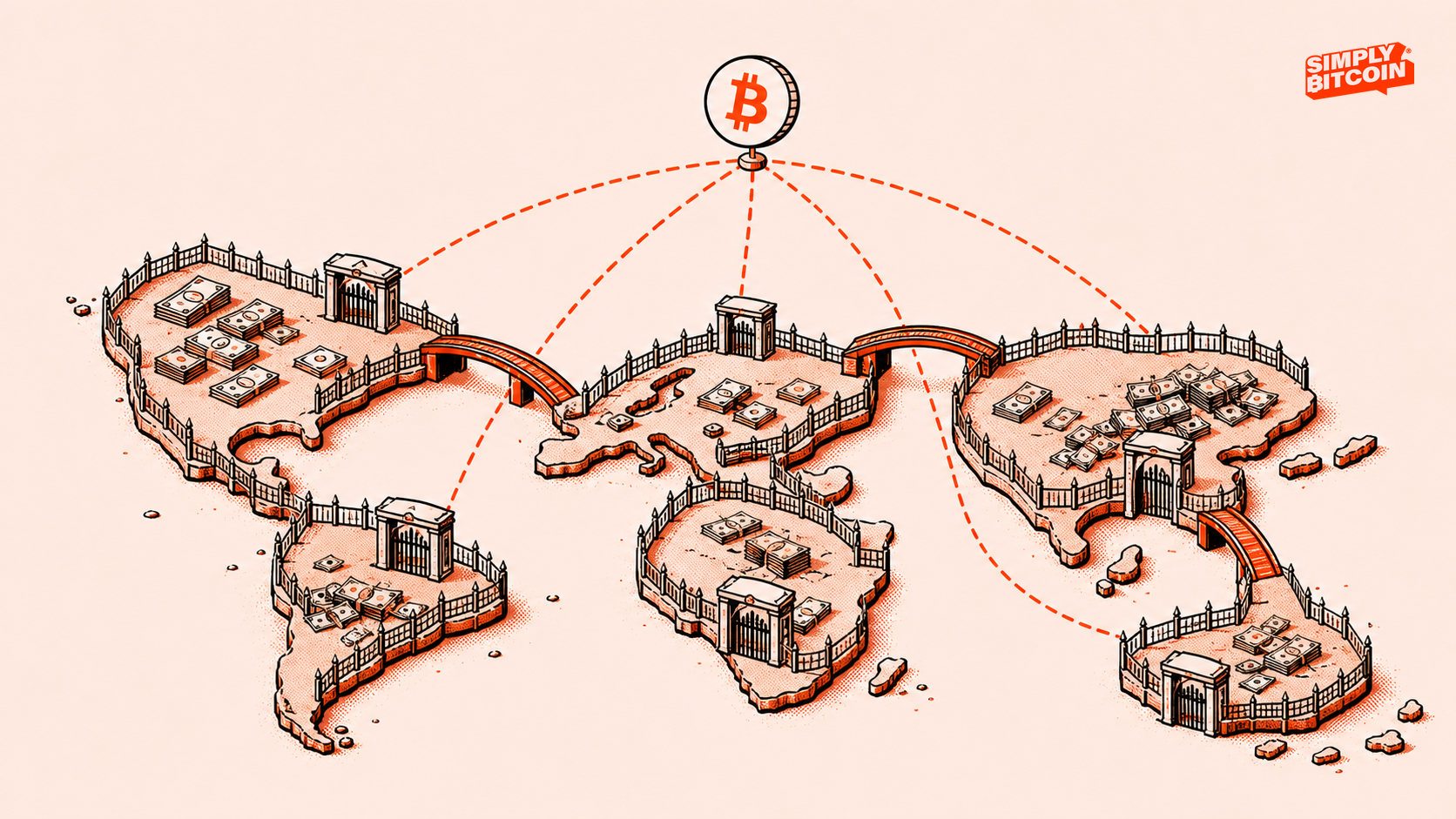 Currency islands with bank gates connect to one Bitcoin network