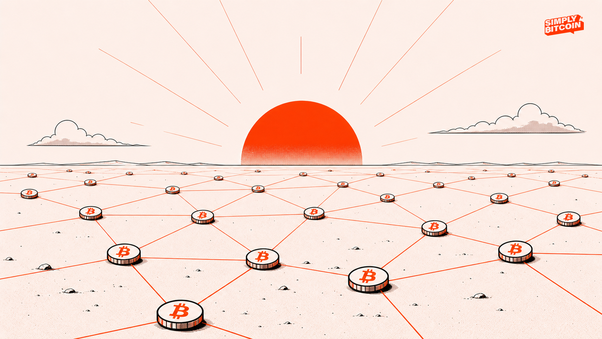 Sunrise over a decentralized field of connected Bitcoin nodes