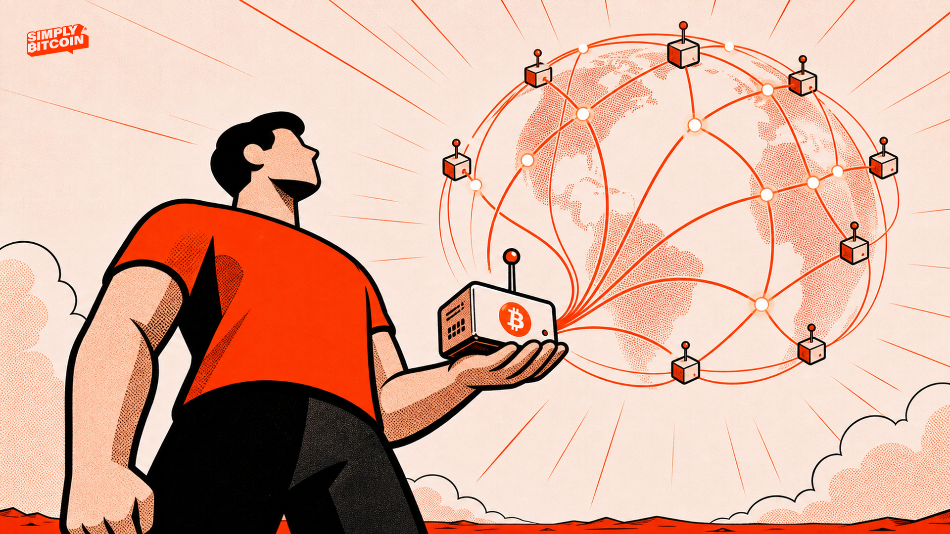 An individual holding a Bitcoin node connected to a global network
