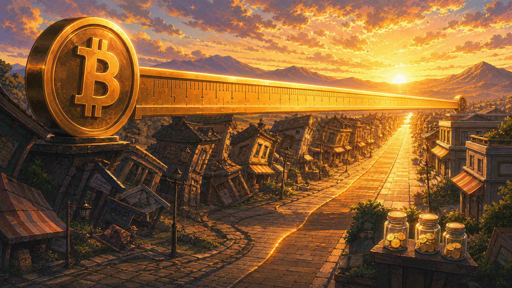 Golden Bitcoin ruler straightening a market town at sunrise
