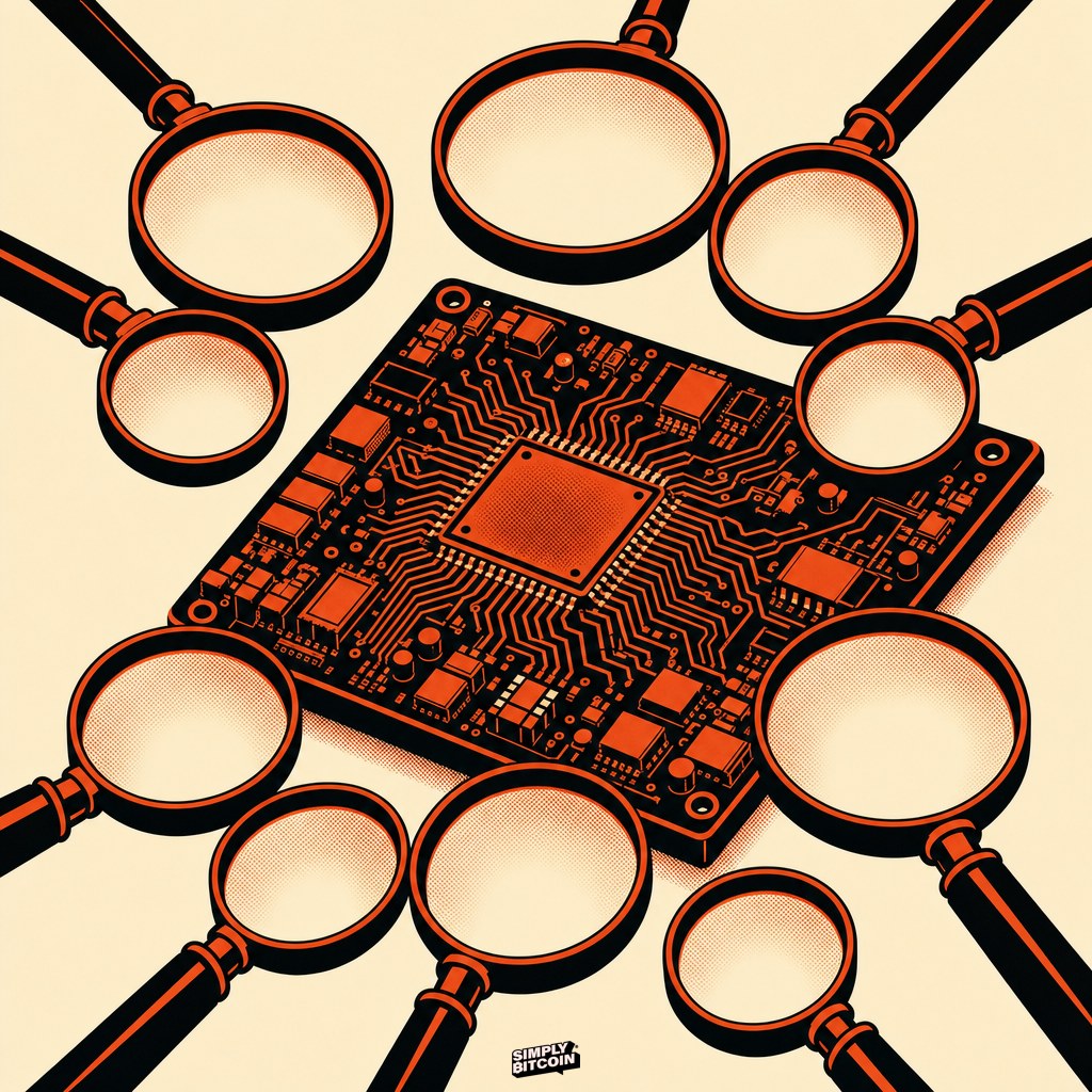An illustration of many magnifying glasses converging on a single open circuit board, symbolizing open source code being checked by everyone at once.