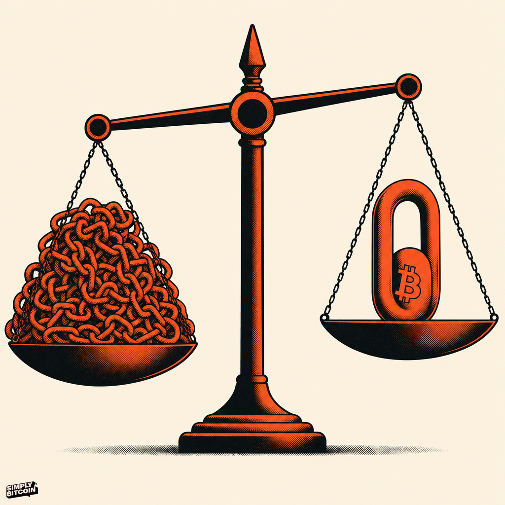 A flat illustration of a balance scale weighing a tangle of many chain links against one single chain link marked with the Bitcoin symbol.