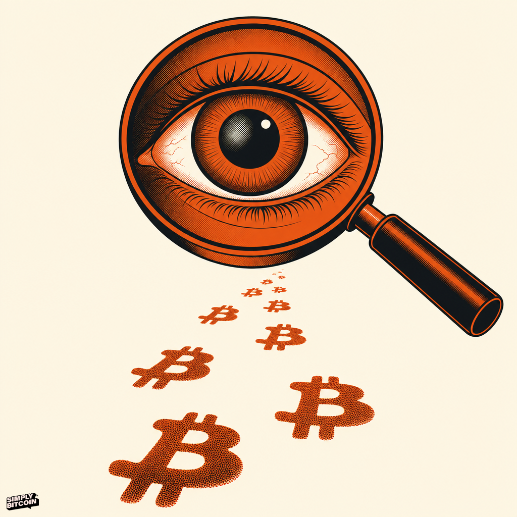 An illustration of a magnifying glass shaped like an eye watching a trail of footprints shaped like Bitcoin symbols.