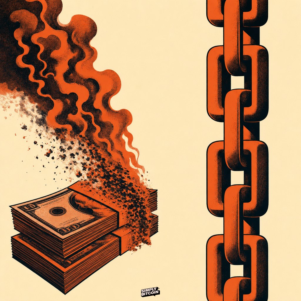 An illustration contrasting a pile of cash dissolving into smoke with a solid, unbroken chain of blocks.