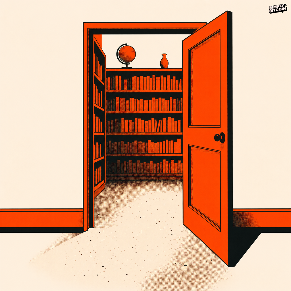 A flat illustration of an open library door with undisturbed dust on the floor in front of it.