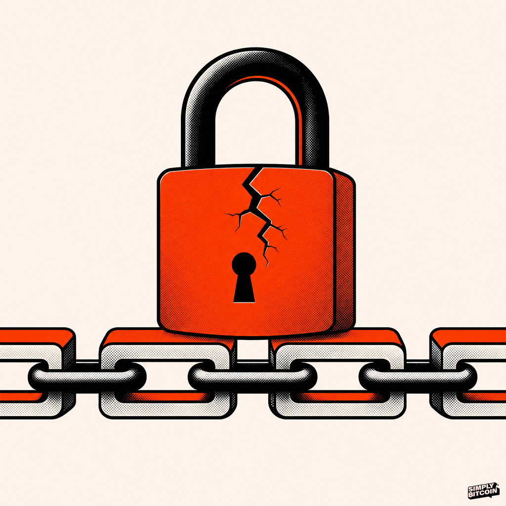 An illustration of a cracked padlock sitting on top of an intact chain of linked blocks.