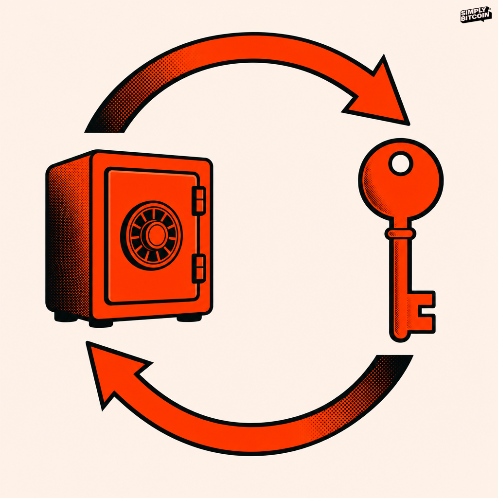 An illustration of two arrows chasing each other in a circle between a vault icon and a key.