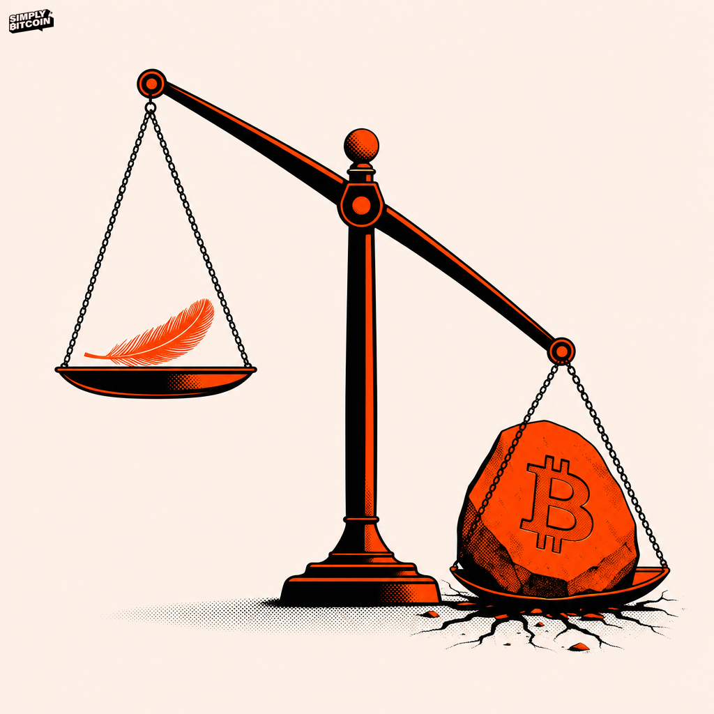 A balance scale shows a feather floating on one side while a heavy stone weighs down the other.