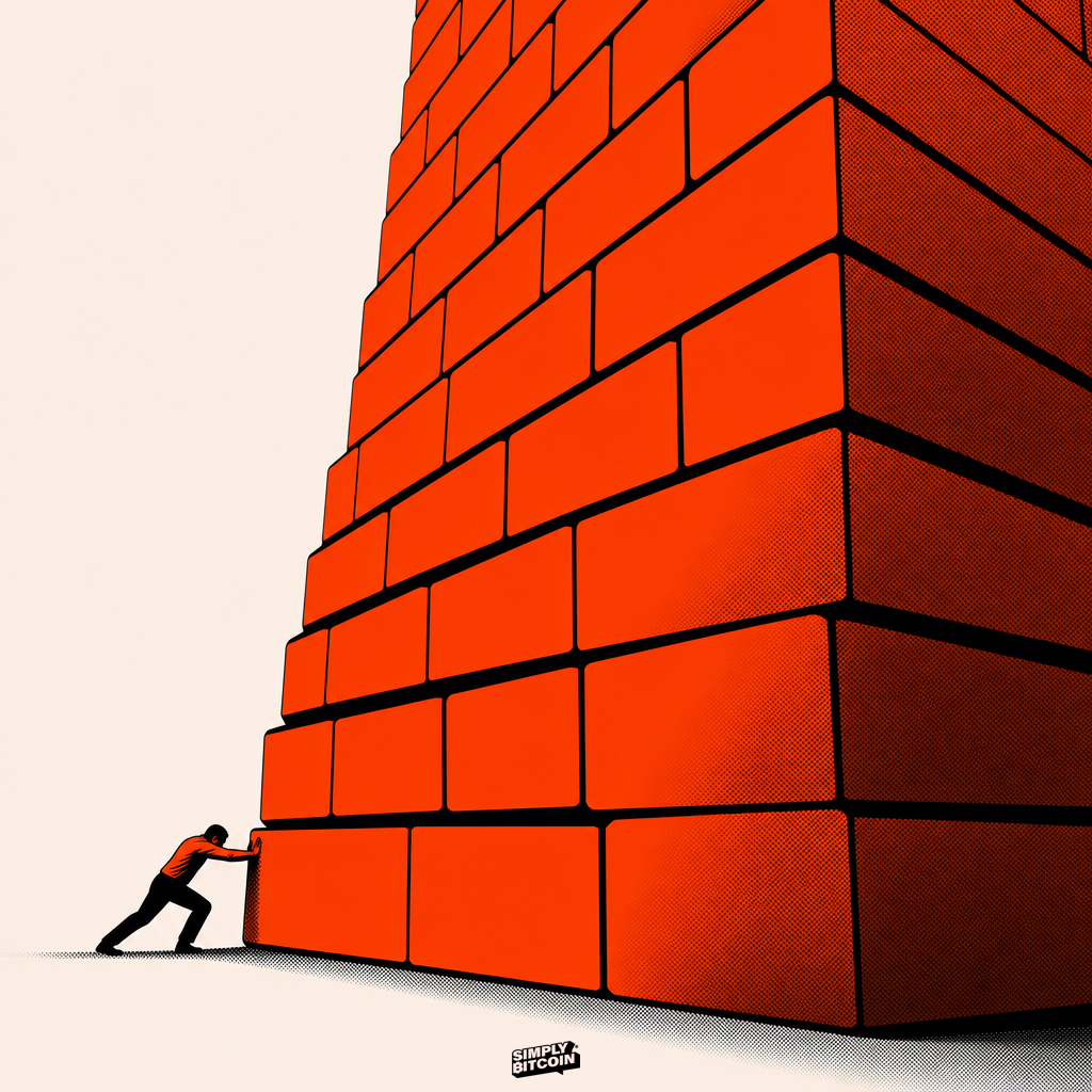 A tiny figure strains to push over a towering wall of stacked blocks that dwarfs them.