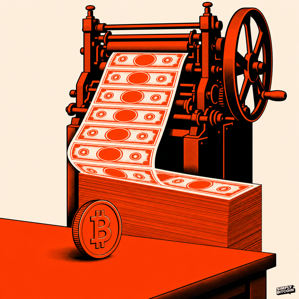 A single coin sits still on a table while a printing press behind it produces an endless stack of identical paper bills.
