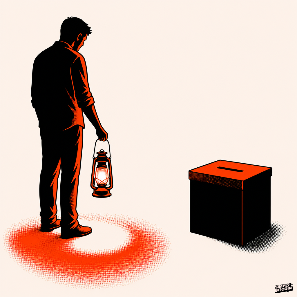 A person holding a lantern that lights their own path while standing next to an empty ballot box it cannot reach.