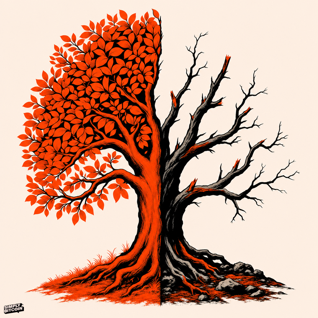 Two trees growing from one trunk, one full of leaves and one bare, representing a blockchain that splits into two diverging paths.