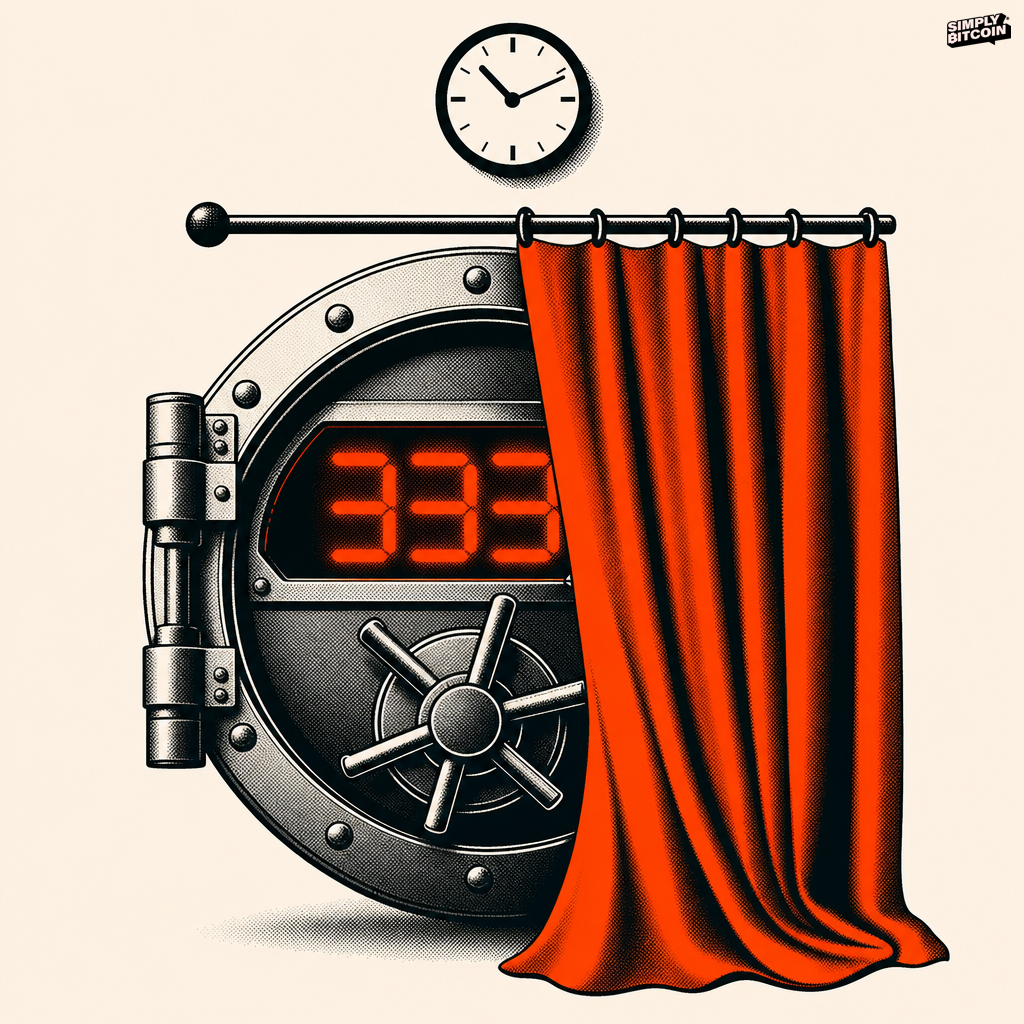 A flat illustration of a bank vault with a curtain drawn halfway over a red loss display and a clock ticking above it.