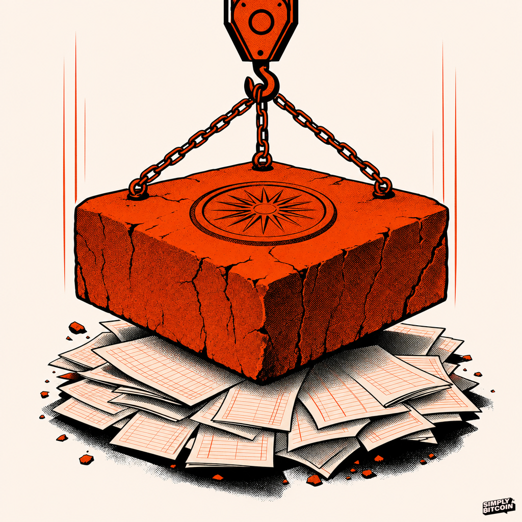 A flat illustration of a stone block sealing shut a stack of open ledger pages beneath it.
