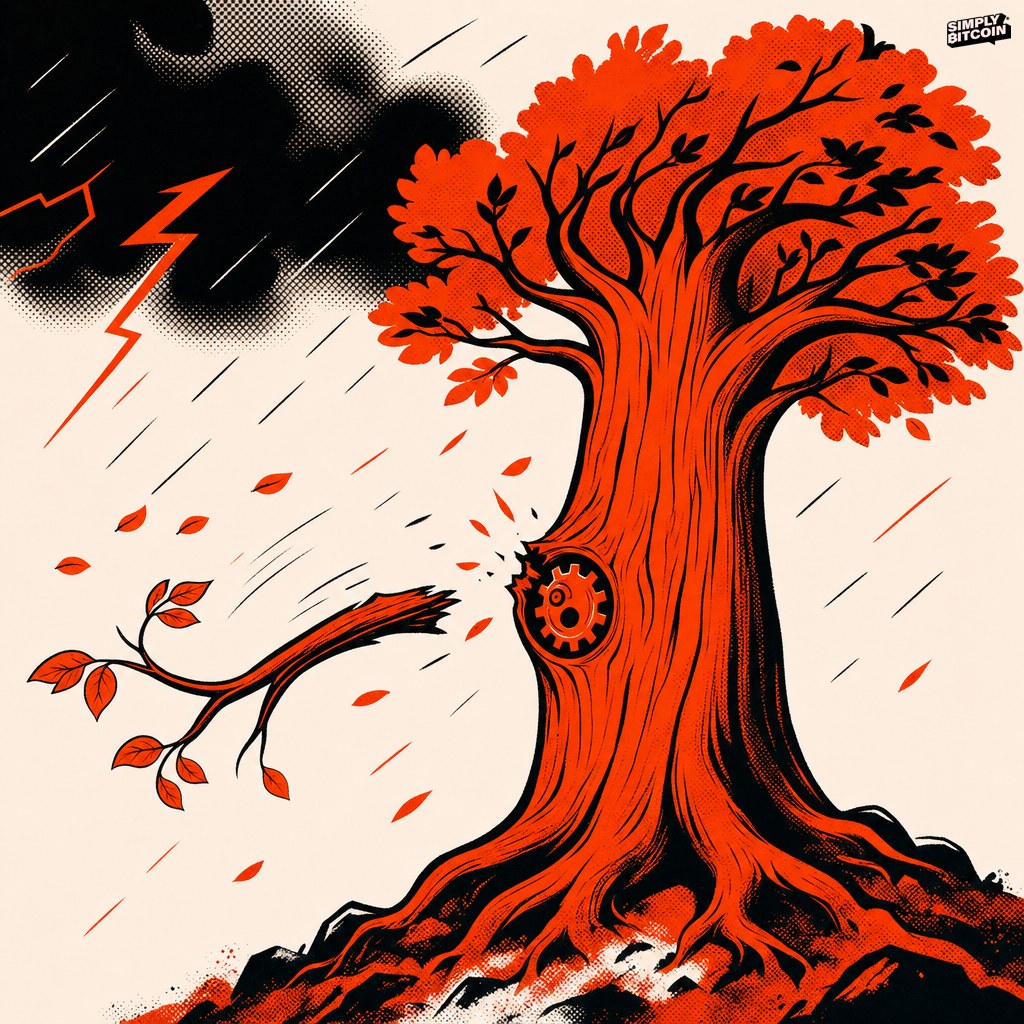 A stylized tree sheds a weak branch in a storm while its trunk grows thicker around a small turning gear.