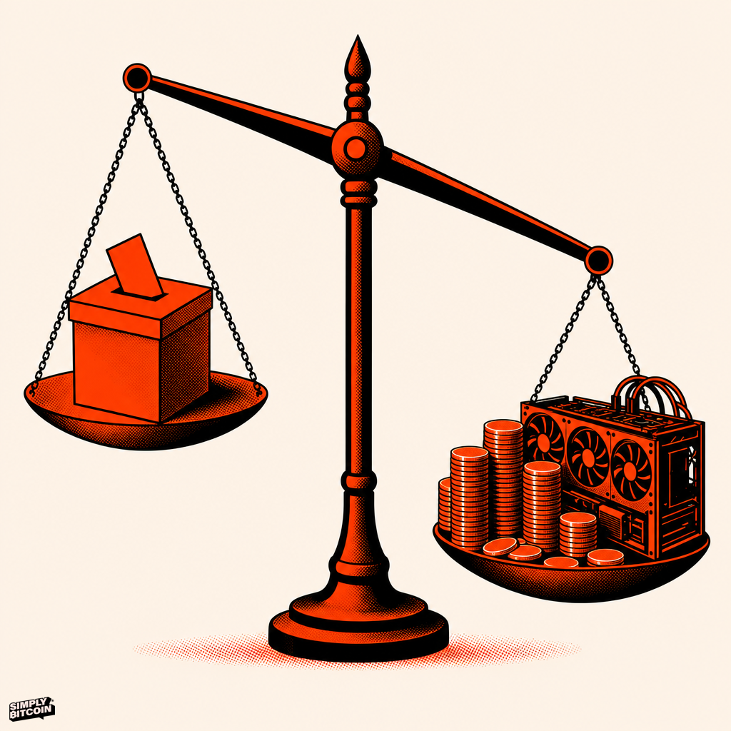 A balance scale tips toward a stack of coins and a small mining rig, outweighing a ballot box on the other side.