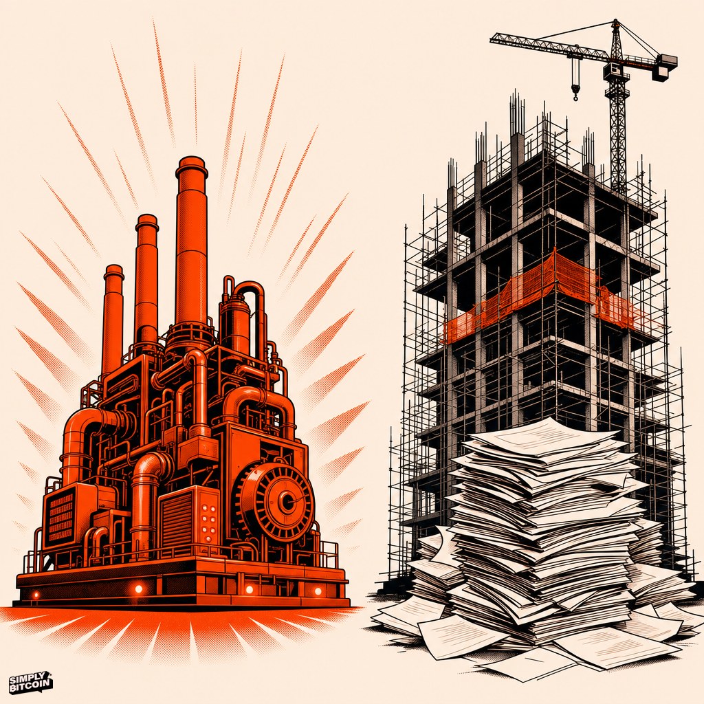 A glowing finished machine sits beside an unfinished skyscraper wrapped in scaffolding with loan papers stacked at its base.