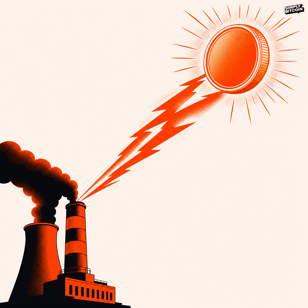 A bolt of energy flows directly from a power plant into a single glowing bitcoin coin with no intermediary shown.