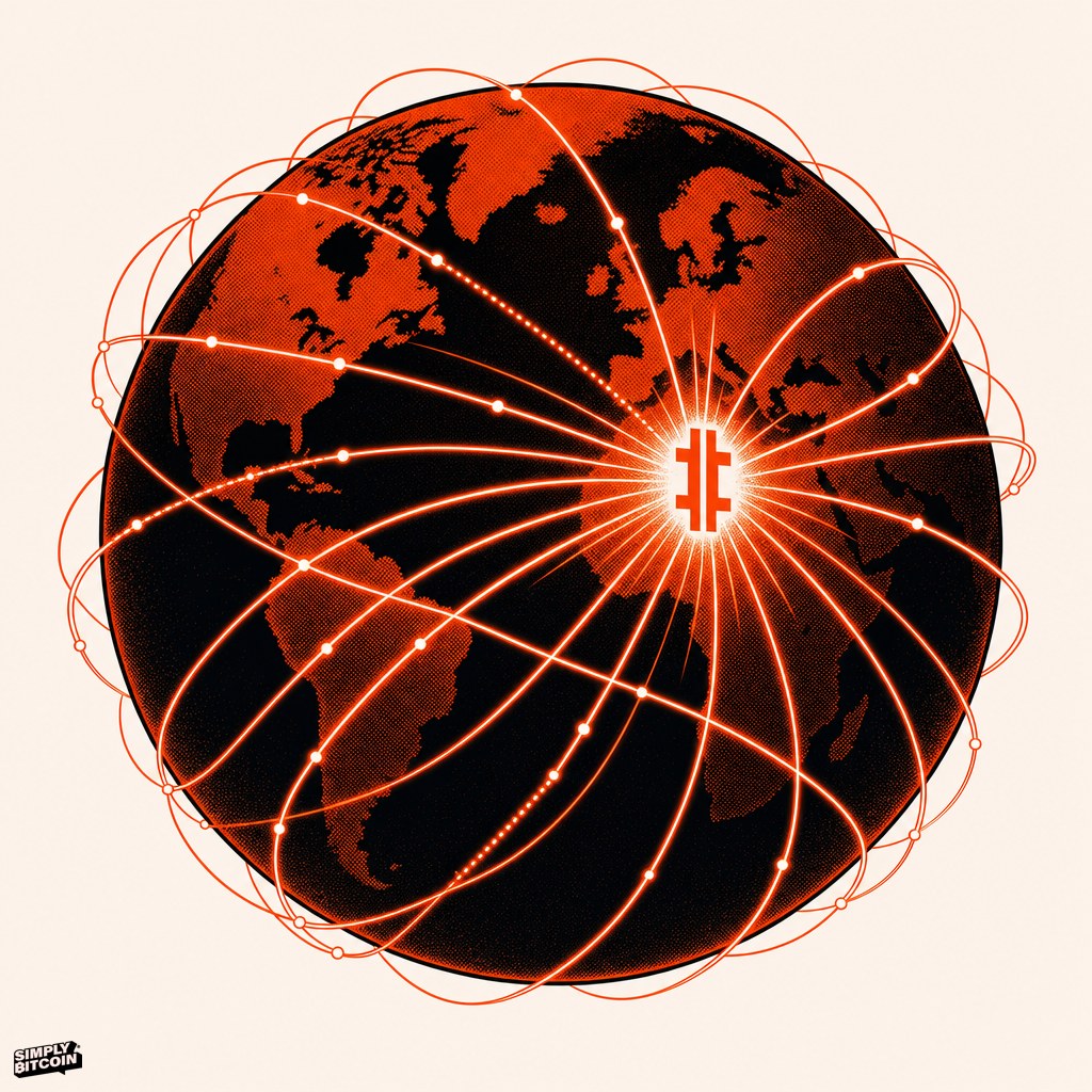 A globe encircled by glowing communication lines that all converge into a single glowing Bitcoin symbol.