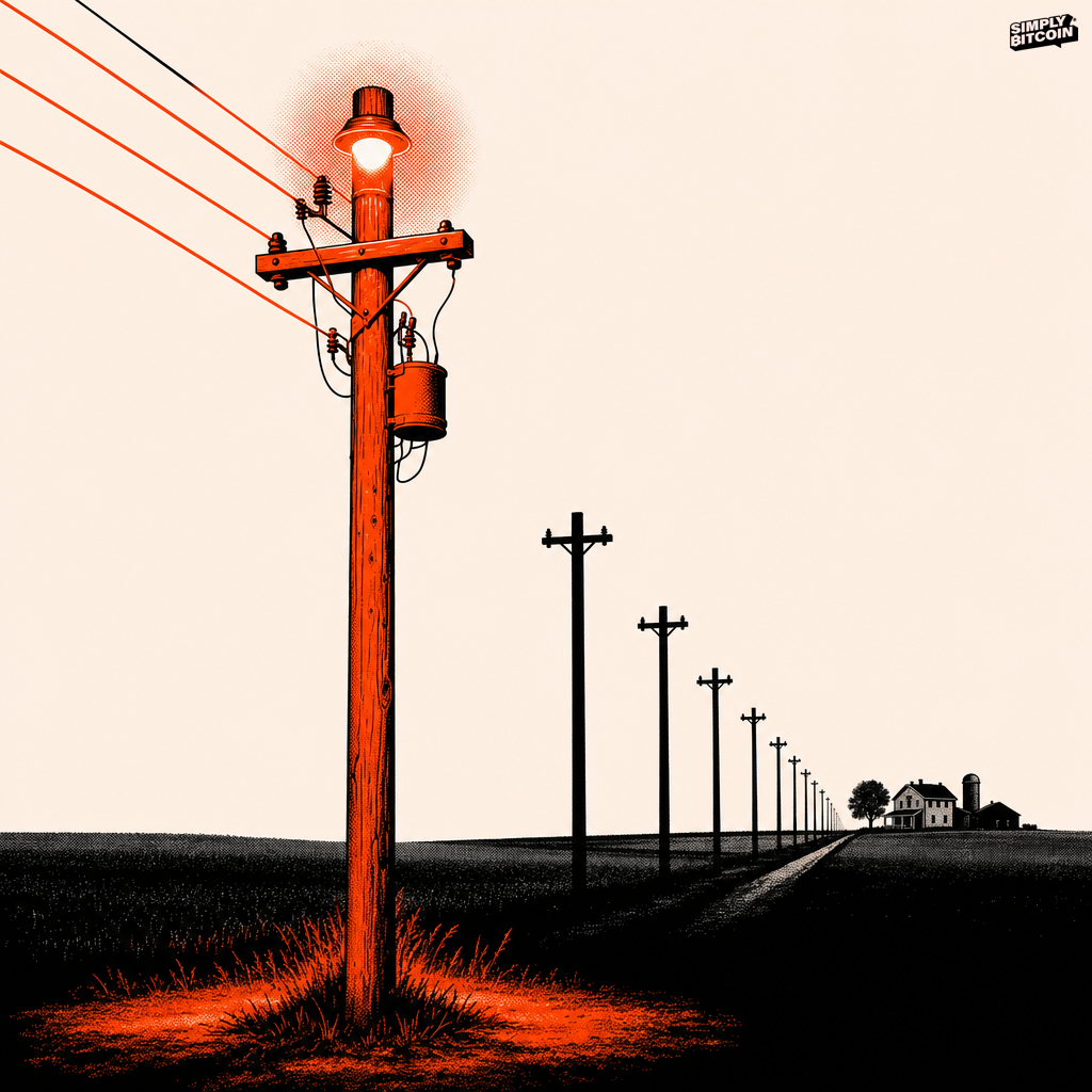 A lit utility pole in the foreground gives way to a line of dark, unconnected poles stretching toward a distant farmhouse.