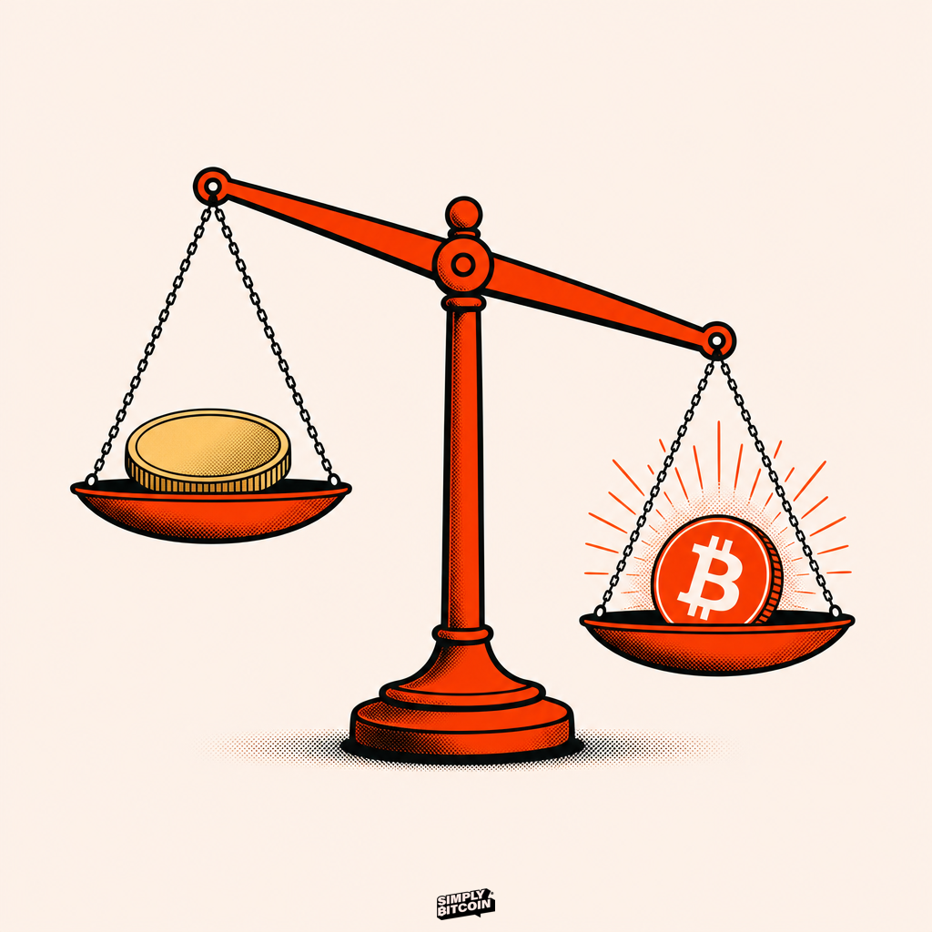 A balance scale weighing a gold coin against a glowing Bitcoin coin, with the Bitcoin side resting lower.