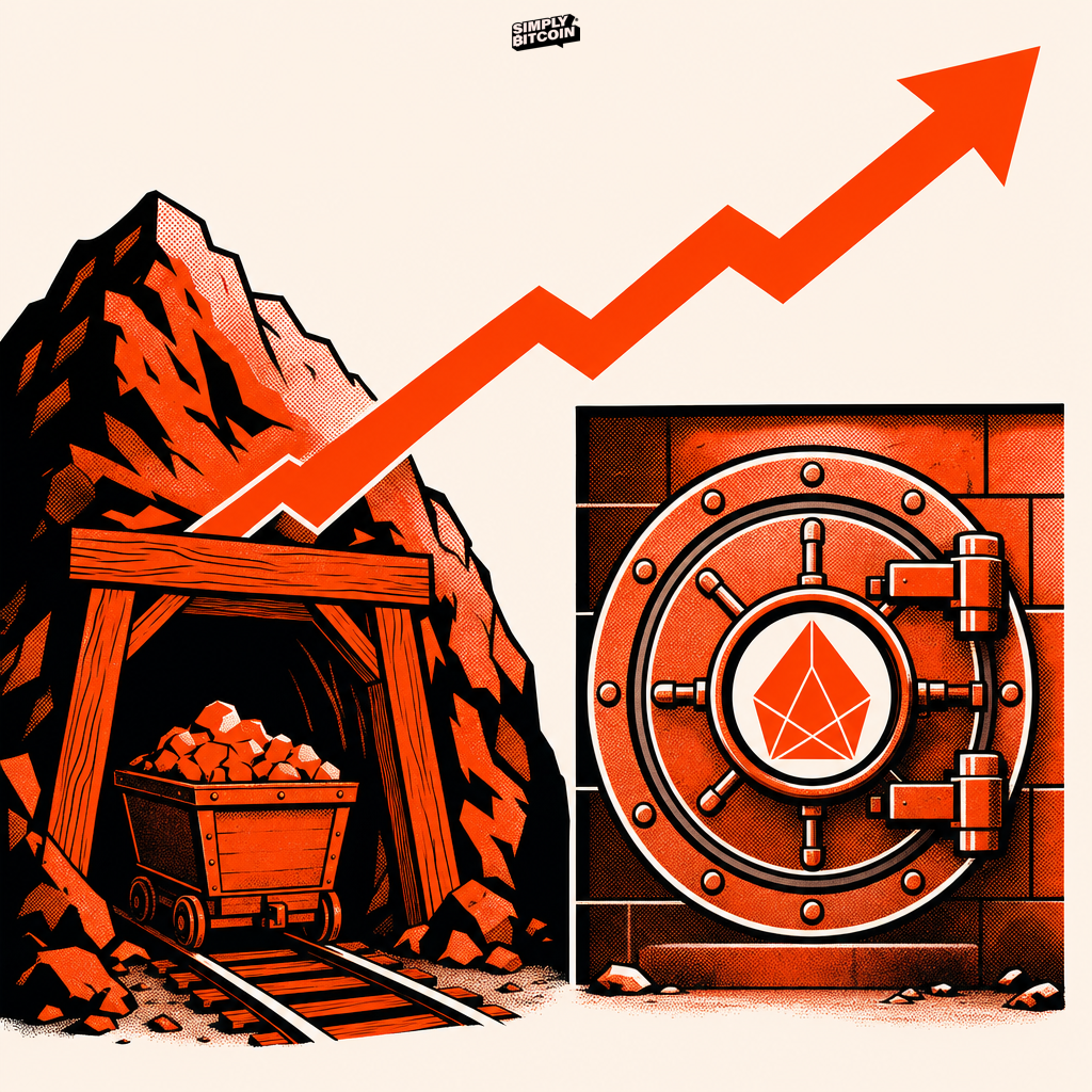 A mine opening beneath a rising arrow next to a sealed vault stamped with a fixed number.
