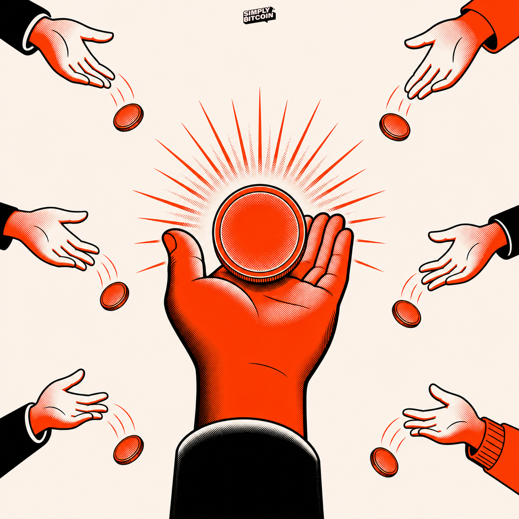 A large steady hand holds a glowing coin while several smaller hands around it release identical coins.