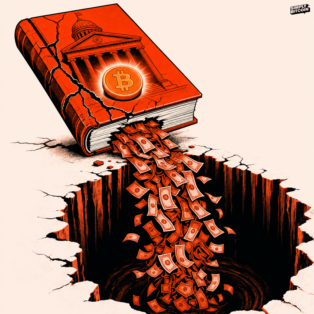 A cracked ledger pours dollar bills into a pit while an untouched glowing coin rests on top of it.