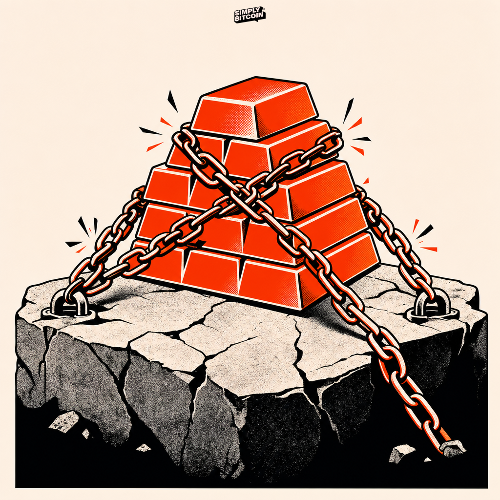 Gold bars are chained down to a platform, unable to move despite their value.