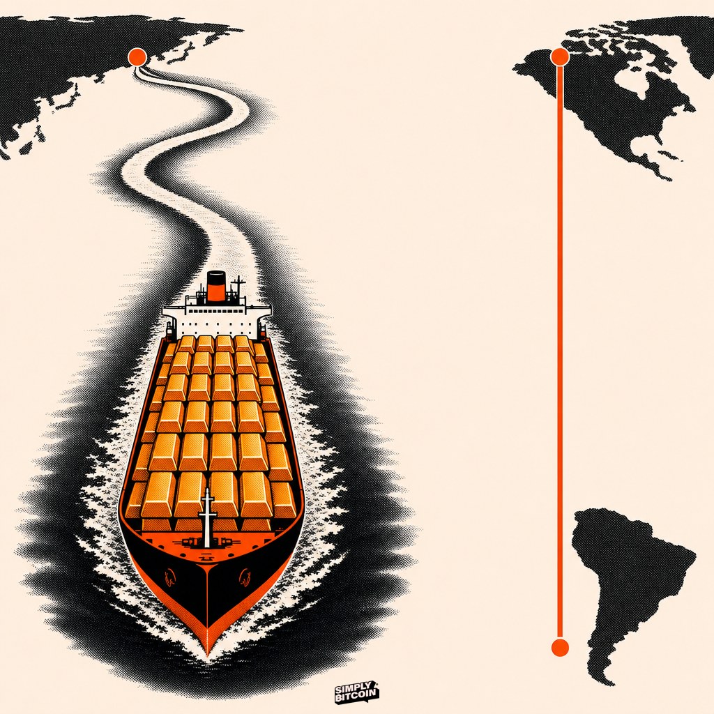 A cargo ship carries gold across an ocean while a single glowing line crosses the same distance in an instant.
