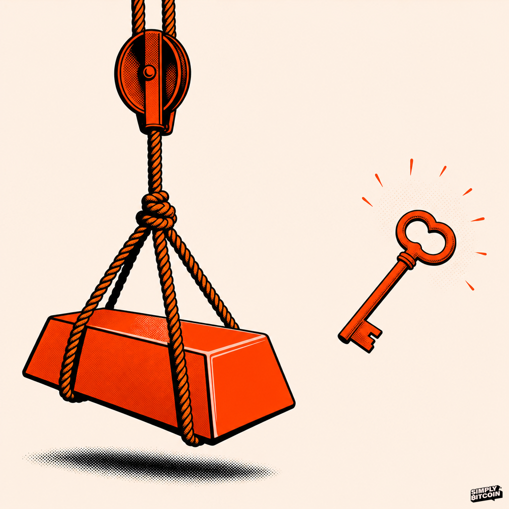 A heavy gold bar hangs from ropes and pulleys on one side while a small orange key floats freely on the other.