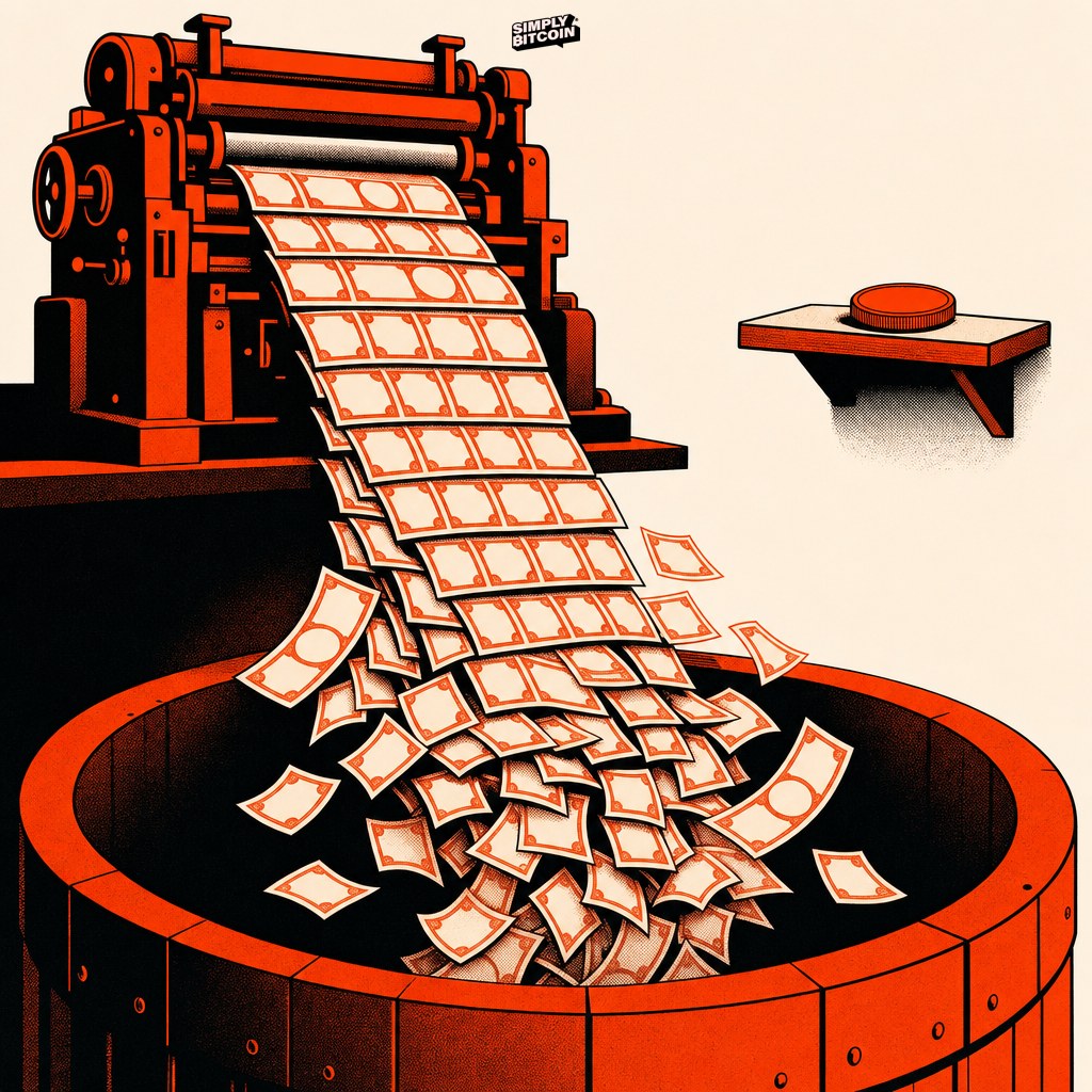 A printing press fills a bottomless barrel with bills while a single coin sits untouched on a shelf.