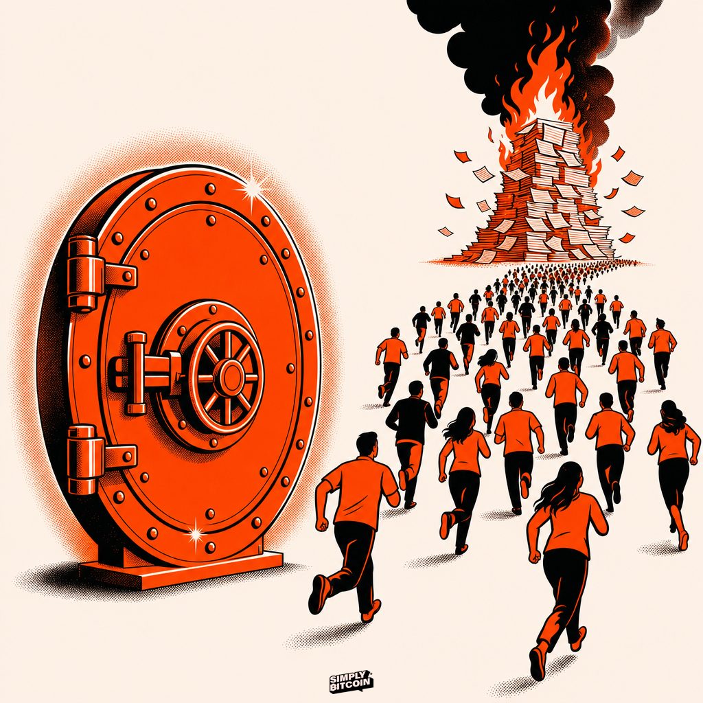 A vault stands untouched as a crowd rushes past it toward a burning tower of paper.