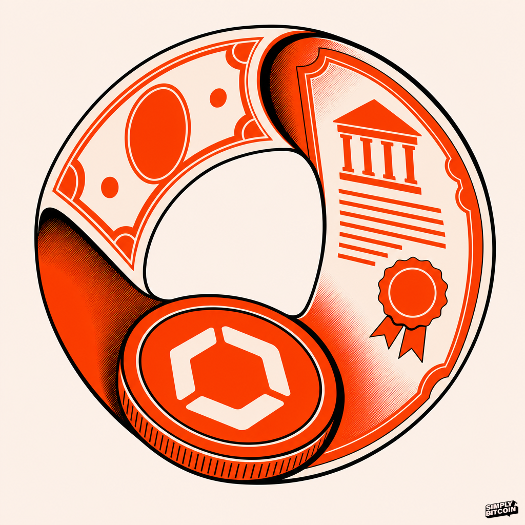 A dollar bill folds into a bond that curls back into a stablecoin token, forming a closed loop.