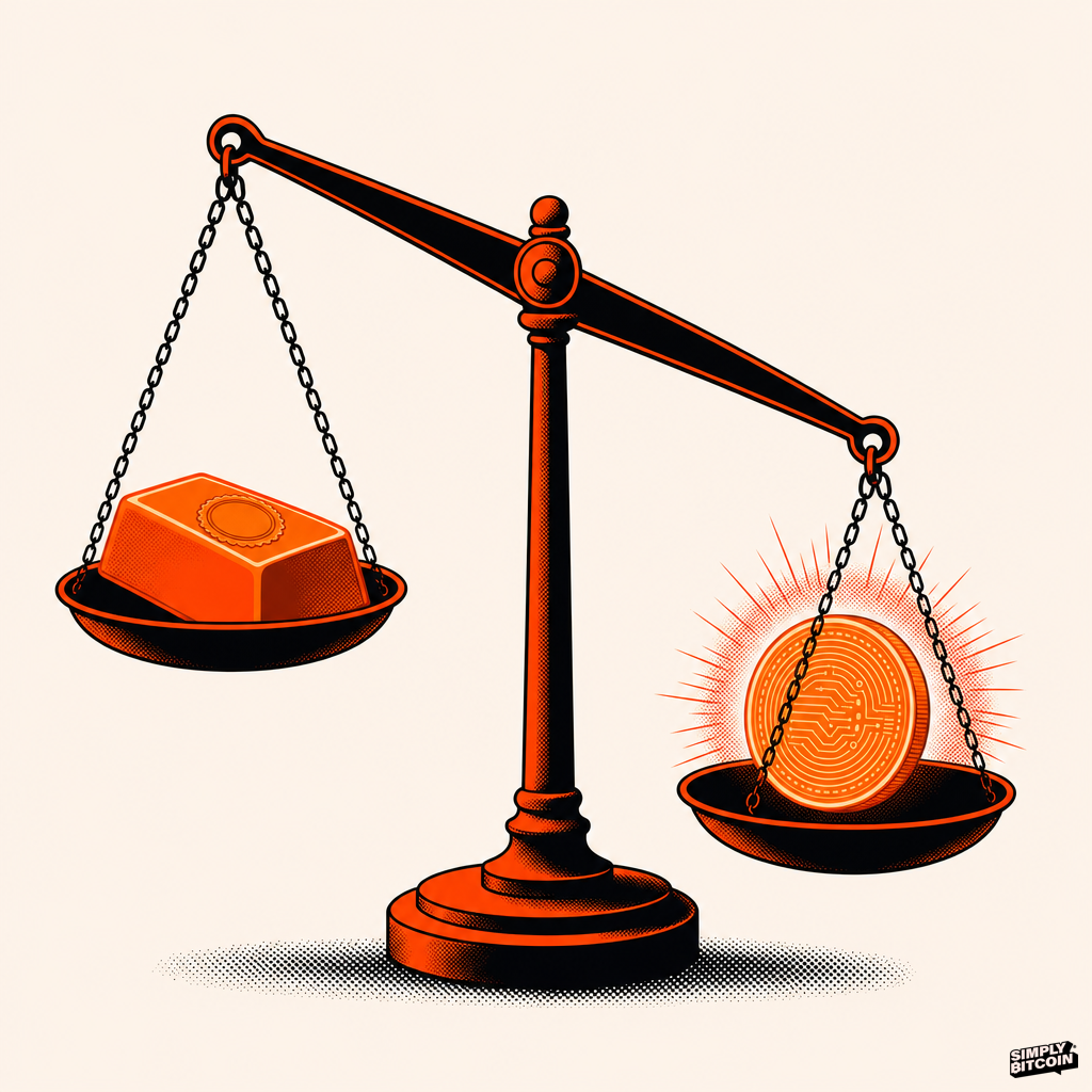 An illustration of a gold bar on a scale being outweighed by a single glowing Bitcoin coin.