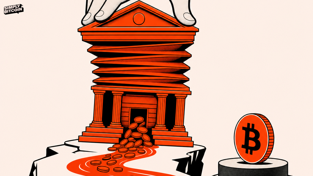An illustration of a treasury building squeezed like a bellows, spilling coins into a river beside a single untouched coin marked with the bitcoin symbol.