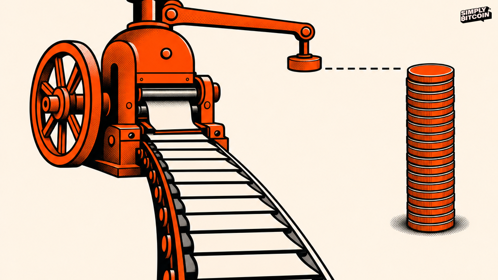 An illustration contrasting an endless printing press with a single fixed stack of twenty one coins it cannot add to.
