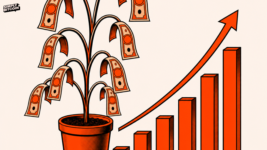 A plant made of wilting dollar bills sits next to a chart line that keeps rising, showing output that looks like growth but is really decay.