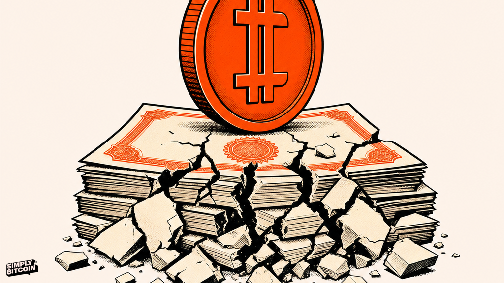 A solid Bitcoin coin stands upright on a stack of bond certificates that are cracking apart underneath it.