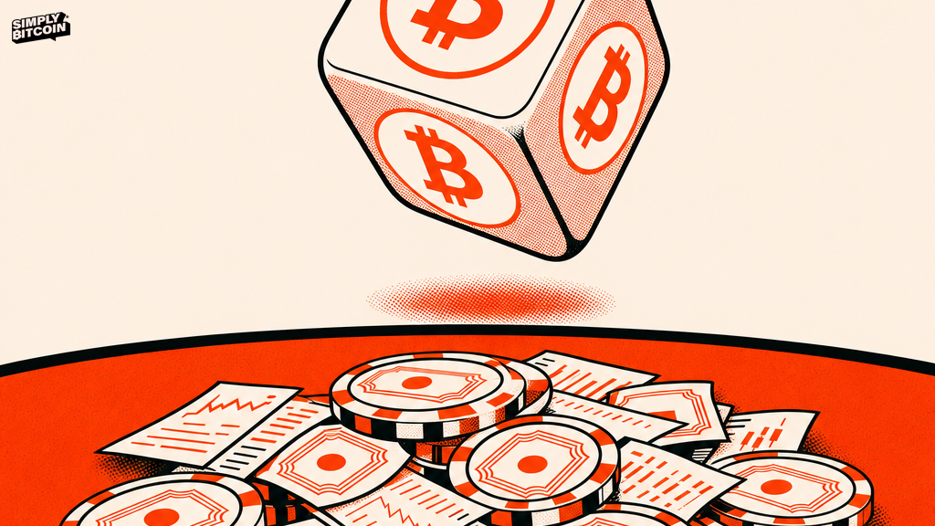 A rolling die with the Bitcoin symbol on every face instead of numbers, tumbling above scattered chips representing stocks and bonds.