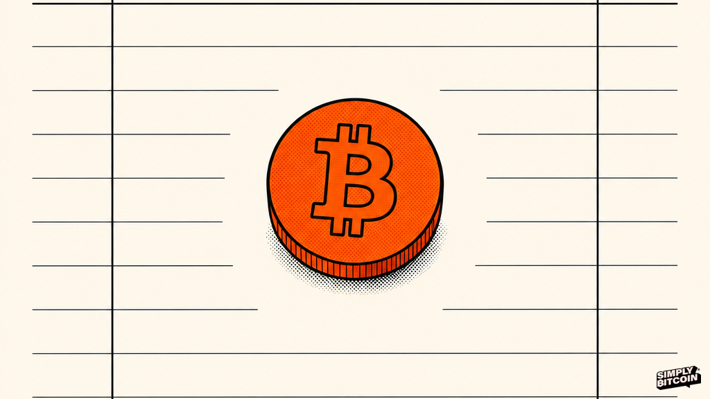 An illustration of a single Bitcoin coin resting untouched at the center of an empty ledger page.