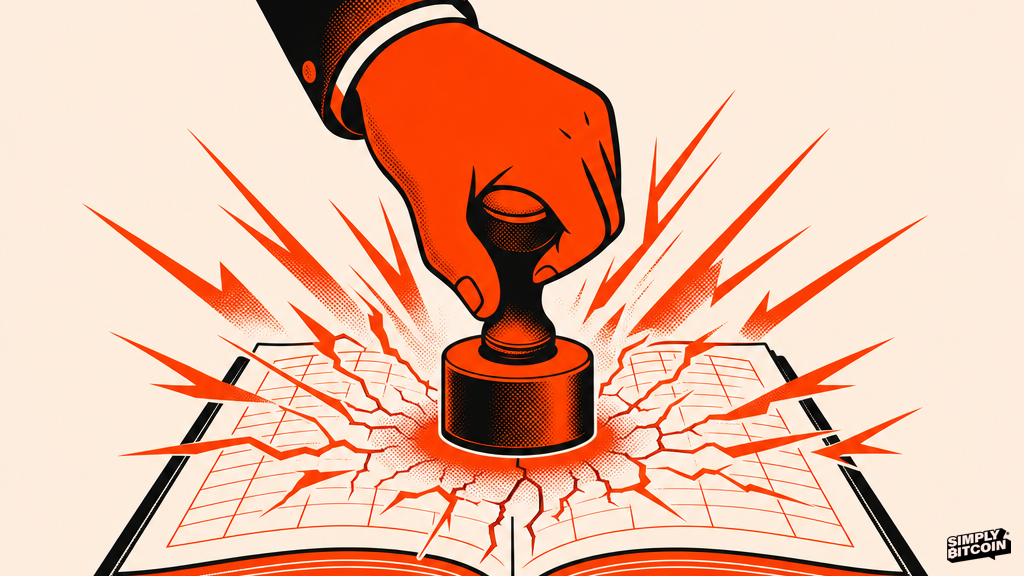 An illustration of a stamp striking a ledger page with golden light spreading outward from the impact.